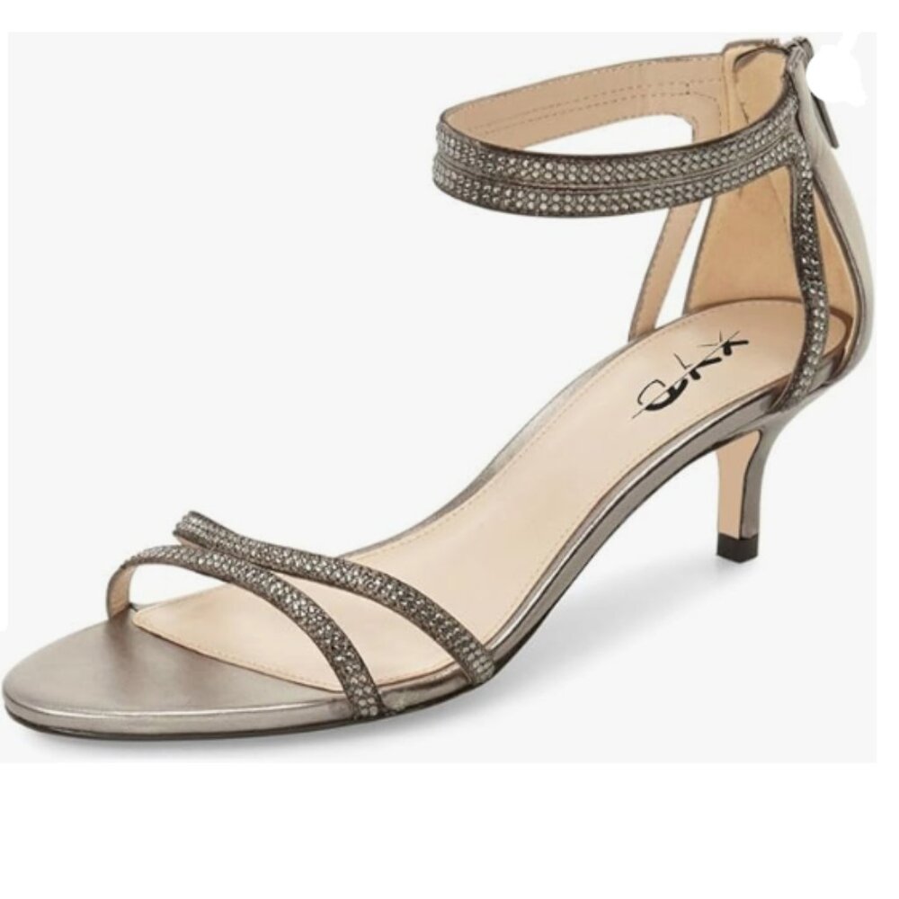 XYD Grey Open Toe Low Heel Strappy Rhinestone Sandals Ankle Strap Wedding Shoe